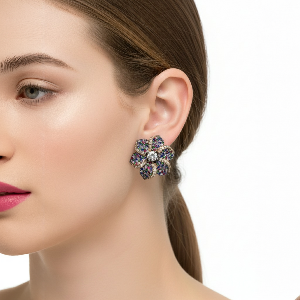 18K Silver Plated colour Earring/Zircon Stones/ Rhodium coating